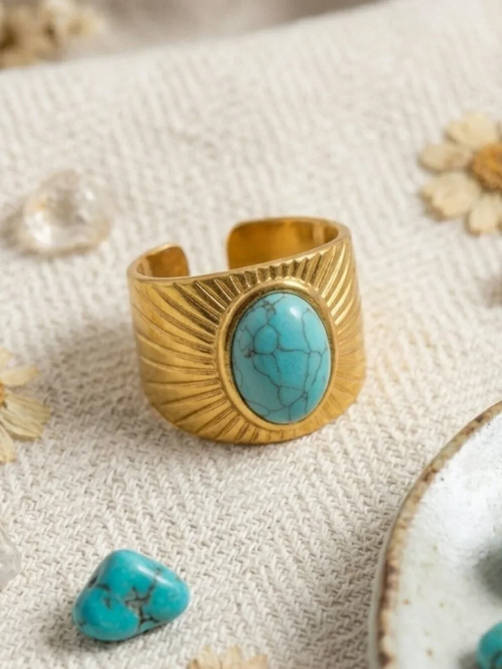 Turquoise Sunburst Wide Band Adjustable Ring 14K Gold Plated Boho Western 7-9
